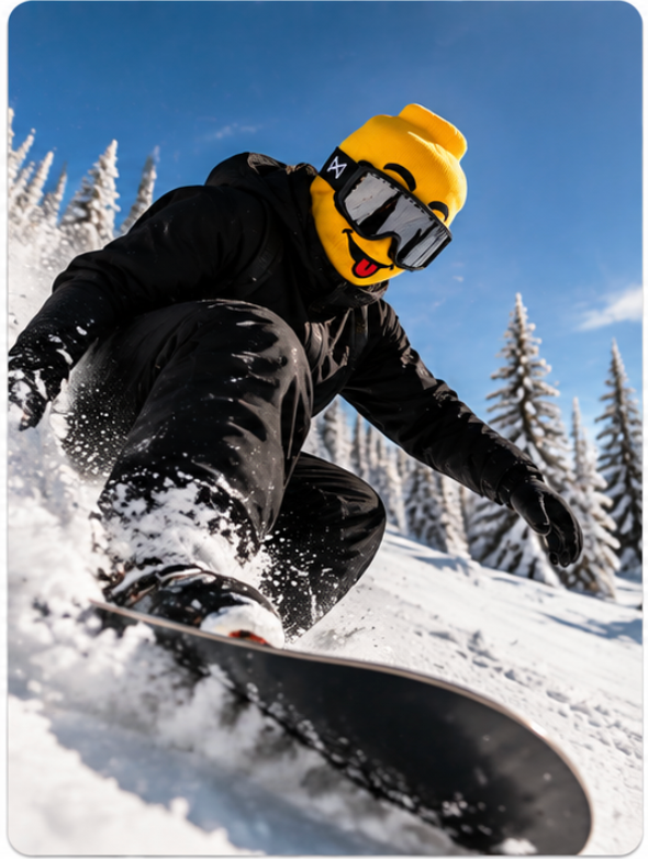 Snowboarder with ski mask in deep snow