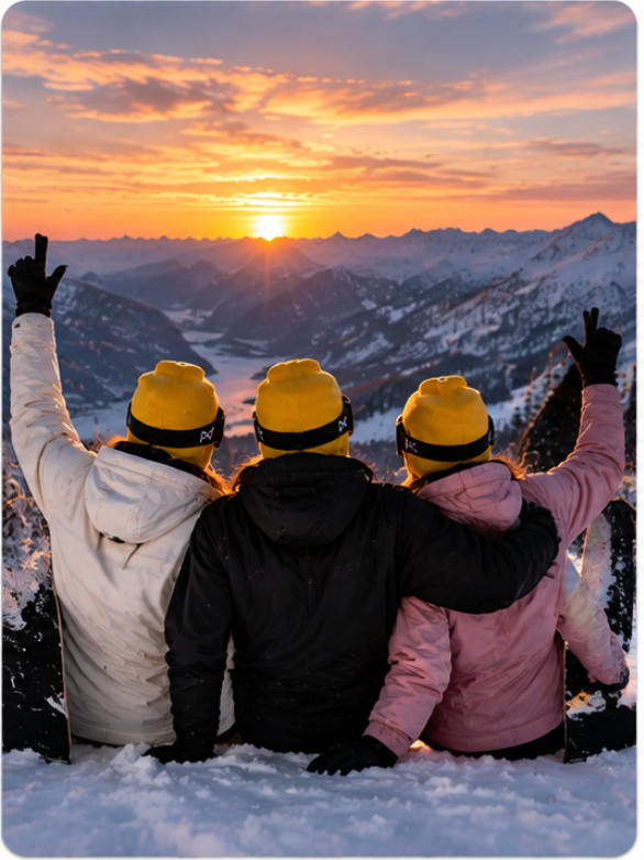 Friends with ski mask at sunset