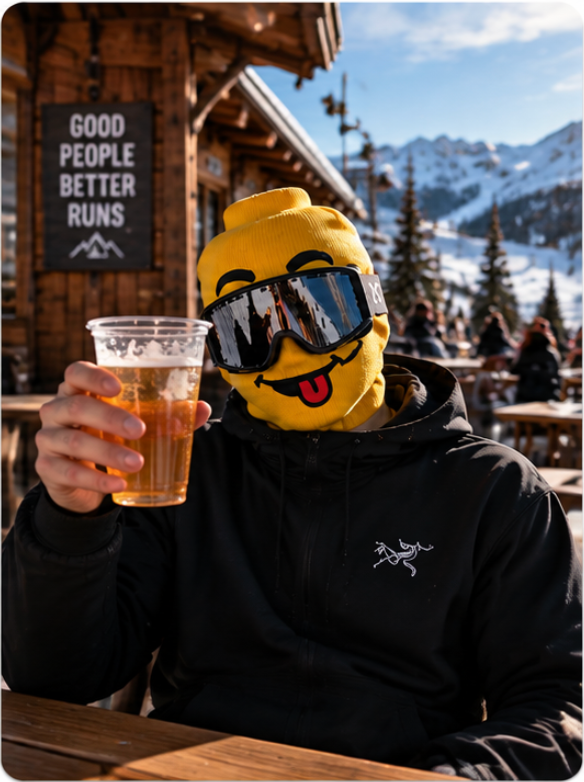 Yellow face ski mask during après-ski